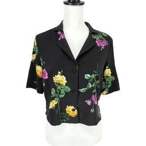 Farrow Women’s Cropped Floral Short Sleeve Blouse Oversized Black Size XS